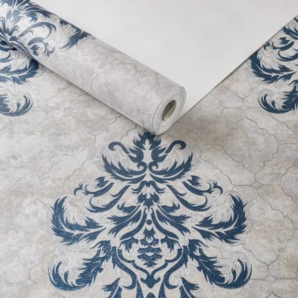 Papel De Parede Texturizado Vinílico Cinza Arabesco Azul