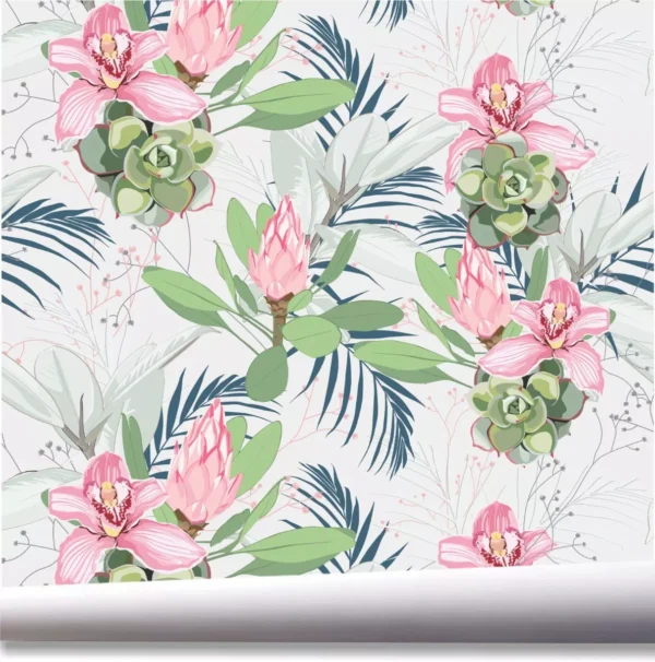 Papel De Parede Tropical Flores Jardim Folhagem Folhas A656