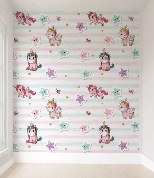 Papel De Parede Unicórnio Menina Quarto De Bebê Pp296 M²