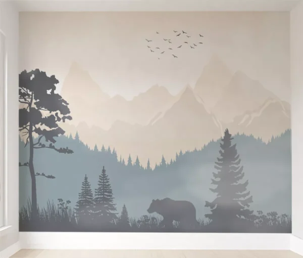 Papel De Parede Urso Floresta Montanhas Paisagem 3m² Vr608