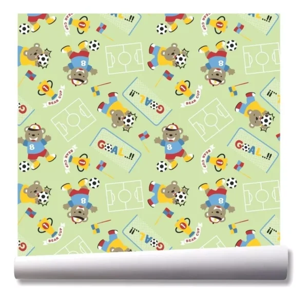 Papel De Parede Urso Futebol Jogo Esporte Kit 03 Rolos A121