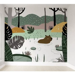 Papel De Parede Urso Lagoa Floresta Quarto De Bebê Pp288 M²