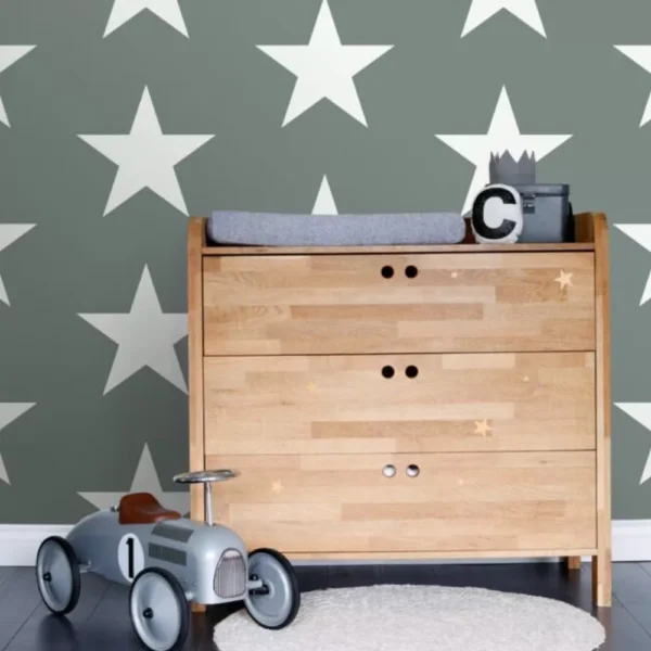 Papel De Parede Verde Estampado Estrelas Branca Lavabo 4m²