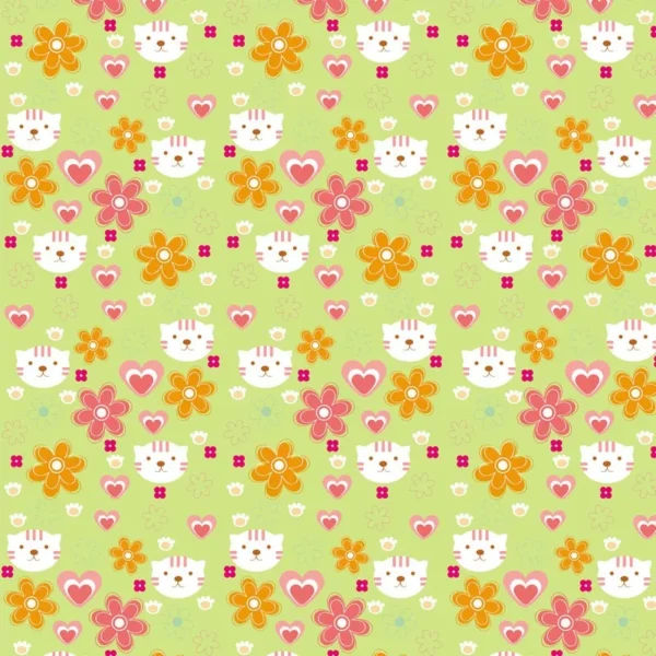 Papel De Parede Verde Flores Gatinha E Corações Decorativo