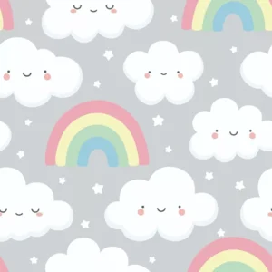 Papel De Parede Vinil Quarto Nuvem Feliz Lilás Arcoiris 10m