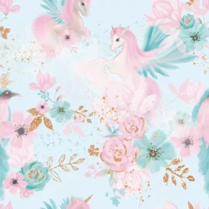 Papel De Parede Vinil Quarto Unicórnio Floral Azul Bebê 10m