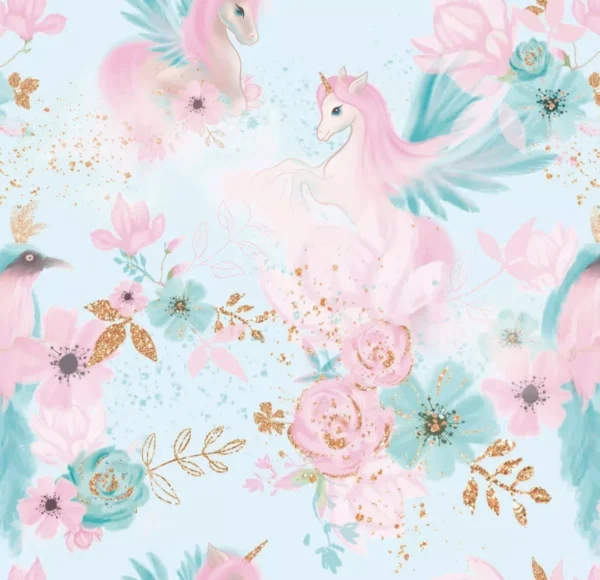 Papel De Parede Vinil Quarto Unicórnio Floral Azul Bebê 10m