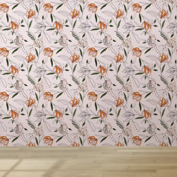 Papel De Parede Vinil Sala Abstrato Laranja Floral Flor 3.5m