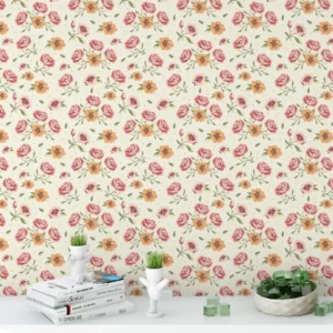 Papel De Parede Vinílico Adesivo Floral Bege Rosa Laranja