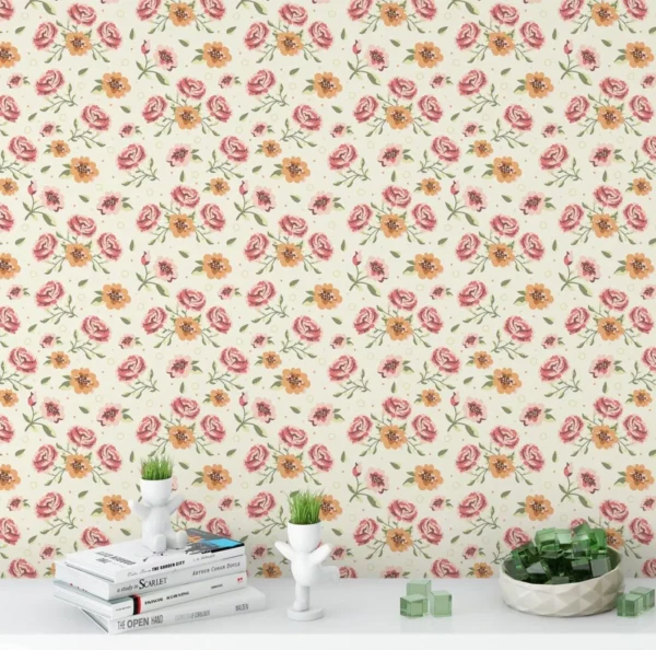 Papel De Parede Vinílico Adesivo Floral Bege Rosa Laranja