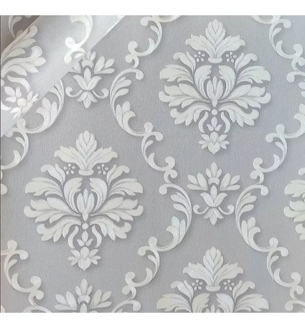 Papel De Parede Vinílico Arabesco Cinza Branco Relevo Luxo