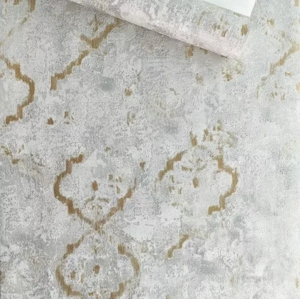 Papel De Parede Vinílico Arabesco Cinza Dourado Importado