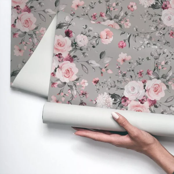 Papel De Parede Vinílico De Sala Rosa Cinza Floral Flor 3m