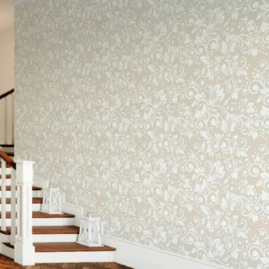 Papel De Parede Vinílico Floral Arabesco Bege E Branco