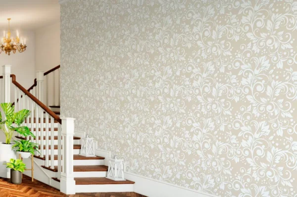 Papel De Parede Vinílico Floral Arabesco Bege E Branco