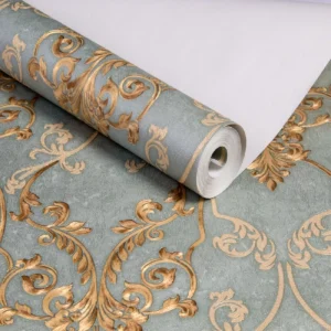 Papel De Parede Vinilico Lavavel Arabesco Azul Dourado 10m