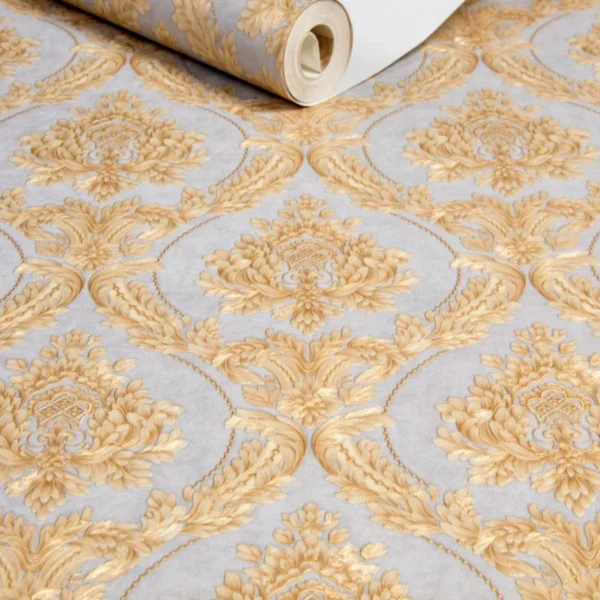 Papel De Parede Vinilico Lavavel Arabesco Dourado Cinza 10m