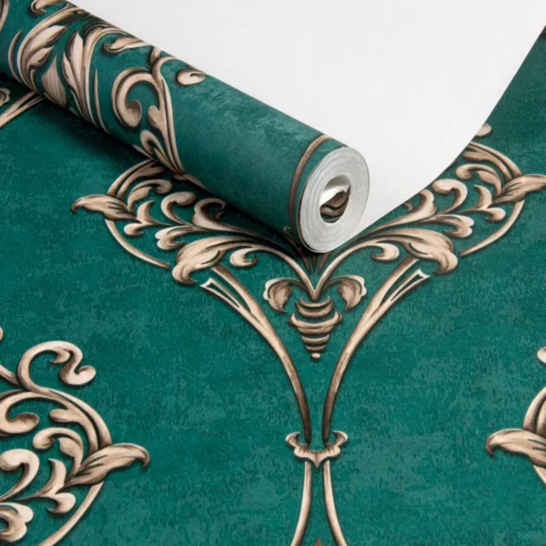 Papel De Parede Vinilico Lavavel Arabesco Dourado Verde 10m