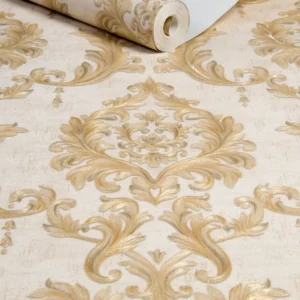 Papel De Parede Vinilico Lavavel Arabescos Dourado Creme 10m