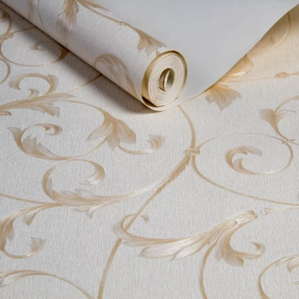 Papel De Parede Vinilico Lavavel Floral Bege E Dourado 10m