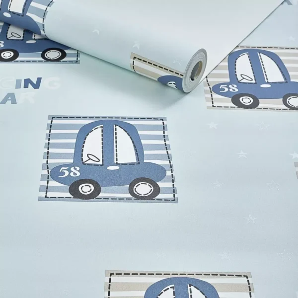 Papel De Parede Vinílico Lavável Infantil Azul Carros