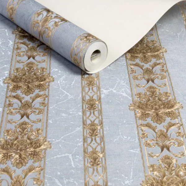 Papel De Parede Vinilico Lavavel Listrado Azul Dourado 10m