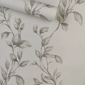 Papel De Parede Vinílico Linho Folhas Offwhite Cinza Luxo