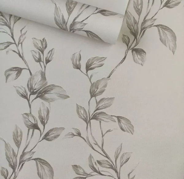 Papel De Parede Vinílico Linho Folhas Offwhite Cinza Luxo