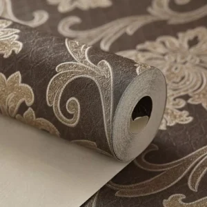 Papel De Parede Vinílico Marrom Escuro Arabesco Dourado