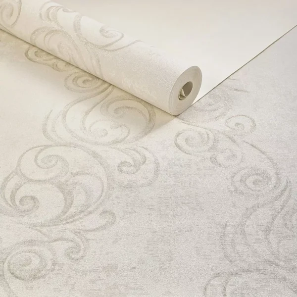 Papel De Parede Vinílico Off White Arabesco Bege Com Glitter