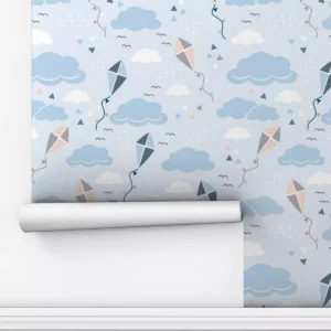 Papel De Parede Vinílico Quarto Bebê Céu Pipa Azul Nuve 2.5m