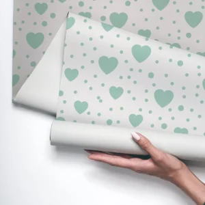 Papel De Parede Vinílico Quarto Corações Verde Branco 3m