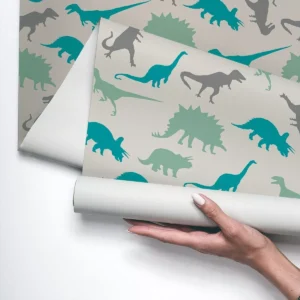 Papel De Parede Vinílico Quarto Dinossauro Verde Azul 3m