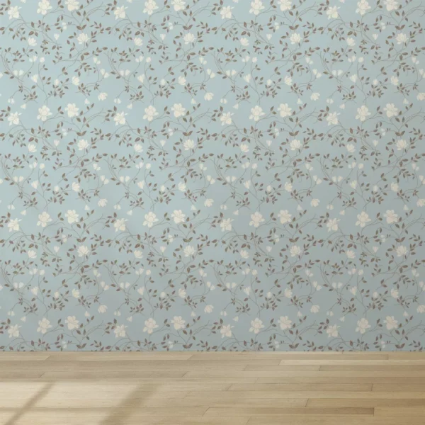 Papel De Parede Vinilico Quarto Flor Branco E Azul Bebê 10m