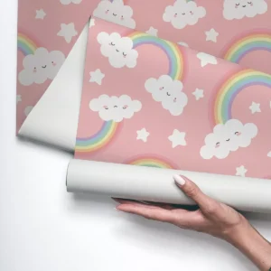 Papel De Parede Vinílico Quarto Menina Nuvens Arco Iris 3m