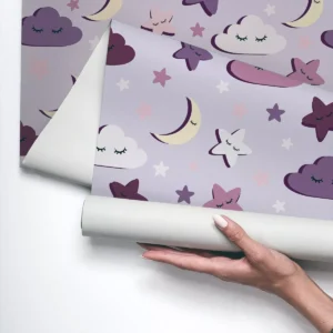 Papel De Parede Vinílico Quarto Nuvem Lua Roxo Estrela 3m