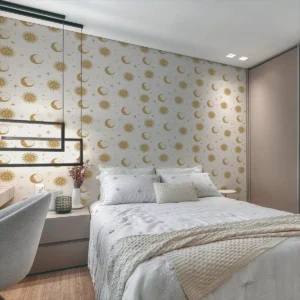 Papel De Parede Vinílico Sala Estrela Dourado Lua Lavável 3m