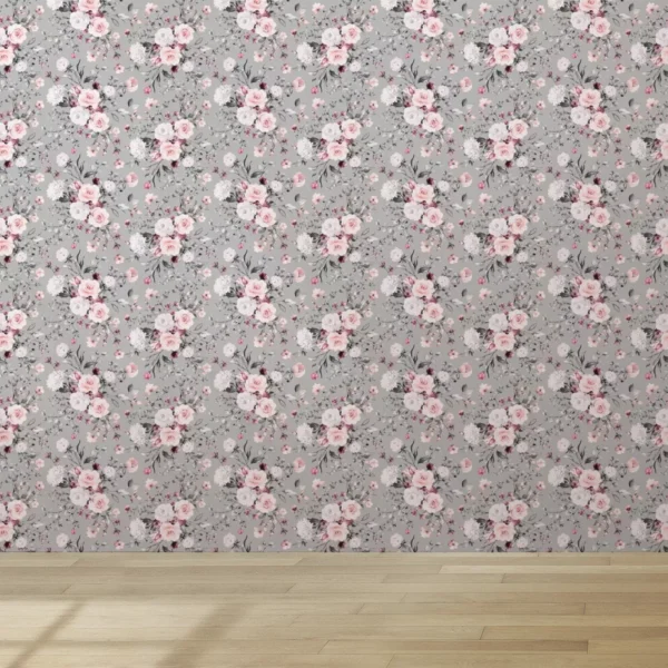 Papel De Parede Vinílico Sala Floral Rosas Cinza Branco 5m