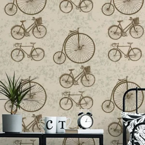 Papel De Parede Vintage Bicicletas Classico Bege Rolo 1,5mts