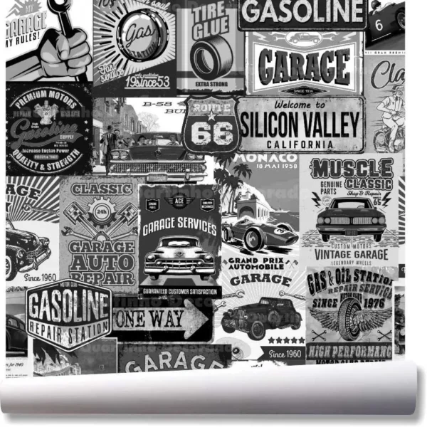 Papel De Parede Vintage Placa Carros Race Kit 03 Rolos A259